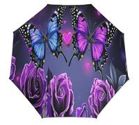 Anceky Ombrello compatto da viaggio Purple Butterfly Rose Garden con protezione UV, antivento, antipioggia, leggero e pieghevole per uomo e donna.
