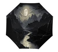 Anceky Ombrello da viaggio antivento con paesaggio montano illuminato dalla luna, ombrello compatto pieghevole in 3 parti per pioggia e sole per uomo e donna
