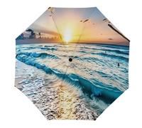 Anceky Ombrello da viaggio antivento Sunset Beach Waves, ombrello compatto pieghevole 3 in 3 per pioggia e sole per uomo e donna