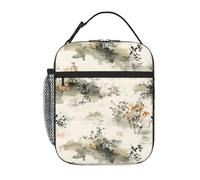 Anceky Paesaggio a inchiostro e piccoli fiori dipinti a mano. Portapranzo riutilizzabile e isolato, ideale per ufficio, lavoro, picnic, campeggio e spiaggia.