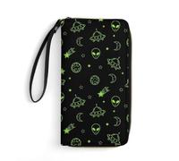 Anceky Portafoglio da donna con tasche per documenti, in pelle ad alta capacità, perfetto per i viaggi, motivo: alieni divertenti astronavi pianeta verde nero