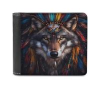 Anceky Portafoglio da uomo Native American Wolf, sottile, a due ante, tasca frontale con 6 finestre per documenti