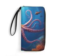 Anceky Portafoglio in pelle con scena subacquea di polpo per donna con cinturino da polso, pochette da donna per monete, smartphone