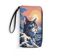 Anceky Portafoglio in pelle Ocean Cat Sunset per donna con cinturino da polso, pochette da donna per monete, smartphone