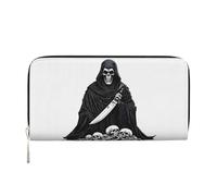 Anceky Portafoglio in pelle PU con cerniera, per donne e uomini, con motivo Grim Reaper in metallo nero, porta carte di credito, pochette lunga