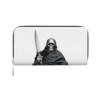 Anceky Portafoglio in pelle PU con cerniera, per donne e uomini, con motivo Grim Reaper in metallo nero, porta carte di credito, pochette lunga