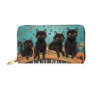Anceky Portafoglio lungo con cerniera in pelle PU, porta carte da viaggio, pochette per donne e uomini, raffigurante quattro gatti neri sdraiati sulla tastiera del pianoforte.