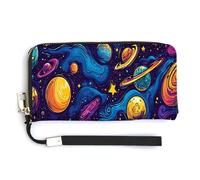 Anceky Portafoglio lungo da donna Space Planet in pelle PU con cinturino da polso, portafoglio sottile con cerniera, tasca di grande capacità, porta carte, 7,9" x 4,1"