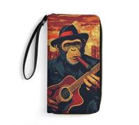 Anceky Portafoglio lungo in pelle con chitarra e scimmia divertente vintage, porta carte, fibbia regolabile, custodia per più carte con cinturino da polso