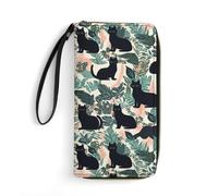 Anceky Portafoglio lungo in pelle con fiori di gatto e foglie di palma, porta carte, fibbia regolabile, custodia per più carte con cinturino da polso antiscivolo