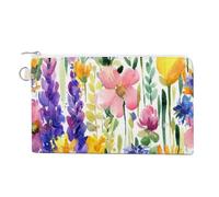 Anceky Portafoglio morbido con pochette, borsa da donna in tela con cerniera, borsa per il trucco, portamonete, banconote, 19,1 x 11,6 cm, stampa senza cuciture, fiori viola gialli rosa ad, campo