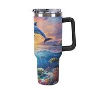 Anceky Tazza da viaggio con manico, grande capacità, motivo: Delfini e tartarughe nel mare, 40 oz, stile auto, colore: nero