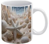 Anceky Tazza spiaggia con conchiglie 3D 11 oz bianca - Tazza estiva con stella marina, motivazionale da caffè e tè, novità divertente