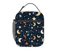 Anceky Tema senza cuciture raffigurante una mezzaluna e stelle su un blu intenso Borsa termica per pranzo per uomo e donna Grande contenitore termico portatile impermeabile riutilizzabile con tasche