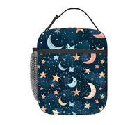Anceky Tema senza cuciture raffigurante una mezzaluna e stelle su un blu intenso Borsa termica per pranzo per uomo e donna Grande contenitore termico portatile impermeabile riutilizzabile con tasche