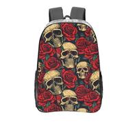 Anceky Transparent PVC Backpack with Smiling Skulls and Retro Red Roses, 16-Inch Travel Backpack, Outdoor Sports Bag, Casual Work and Camping Bag, Customizable POD Design