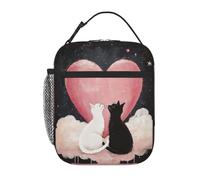 Anceky Un gatto nero e un gatto bianco seduti insieme davanti a un grande cuore rosa dipinto Portapranzo riutilizzabile Borsa termica isolata per ufficio Lavoro Picnic Campeggio Spiaggia
