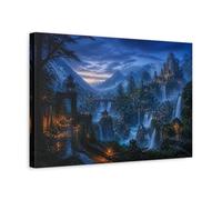 Ancient Castle At Waterfalls Canvas Print Wall Art - Living Room Decor, Above Console Table 18×12 inch (45×30 cm) - Horizontal / 1.25 inch (3 cm)