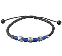 Ancient Tribe Cavigliera artigianale in pelle intrecciata nera con filo blu e perline argentate - Gioiello boho regolabile per uomo e donna (23 cm)