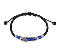 Ancient Tribe Cavigliera in pelle intrecciata con inserto in resina blu e dettagli in lega argentata - Regolabile, 23 cm