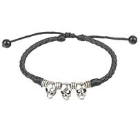 Ancient Tribe Cavigliera in pelle intrecciata nera con 3 perle a forma di teschio argentato e distanziatori in metallo - Gioiello gotico regolabile unisex (23 cm)