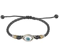 Ancient Tribe Cavigliera regolabile in pelle intrecciata nera con charm Occhio Blu - Bracciale unisex in cordoncino (23 cm)