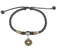 Ancient Tribe Cavigliera regolabile in pelle intrecciata nera con pendente moneta vintage e perline metalliche - Gioiello boho unisex (23 cm)