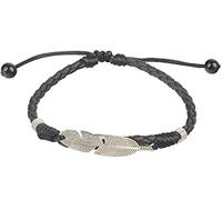 Ancient Tribe Cavigliera regolabile in pelle intrecciata nera con placca a forma di piuma argentata - Gioielli boho unisex (23cm)