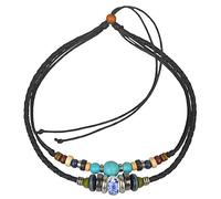 Ancient Tribe - Collana a Doppio Strato Stile Boho - Corda e Cuoio Intrecciato Nero con Perla Turchese, Perline in Legno e Metallo - Regolabile 37 cm, Gioiello Tribale Unisex