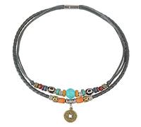 Ancient Tribe Collana boho in cordoncino di pelle con perla turchese e ciondolo moneta vintage - Girocollo doppio regolabile per uomo e donna, 38 cm