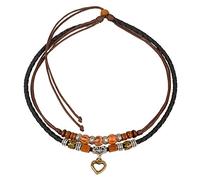 Ancient Tribe Collana Choker a Doppio Cordonetto con Ciondolo Cuore Dorato, Perline in Legno e Metallo, Collana Regolabile in Pelle e Canapa per Uomo e Donna, 38 cm