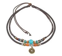 Ancient Tribe Collana Choker Boho a Doppio Cordone con Ciondolo Moneta, Pelle Marrone e Corda in Canapa, Regolabile 38 cm