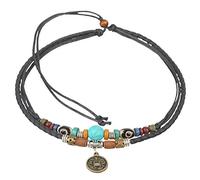 Ancient Tribe Collana Choker Boho a Doppio Cordone con Ciondolo Moneta, Pelle Nera e Corda in Canapa, Regolabile 38 cm