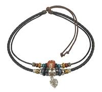 Ancient Tribe Collana girocollo boho a doppio cordoncino nero in pelle e canapa con ciondolo foglia e perline, regolabile 37 cm