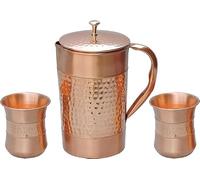 ANCIENTIMPEX Brocca per acqua in puro rame con 2 bicchieri in rame (martellato e tinta unita) per benefici per la salute dell'Ayurveda (con vetro curvo), ANC-CJ-100