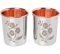 ANCIENTIMPEX Set di 2 bicchieri in acciaio inox martellato esterno e interno in puro rame per benefici per la salute dell'Ayurveda Capacità 250 ml