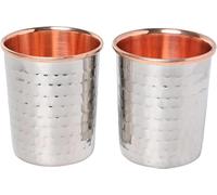 ANCIENTIMPEX Set di 2 bicchieri in acciaio inox martellato esterno e interno in puro rame per benefici per la salute dell'Ayurveda Capacità 250 ml