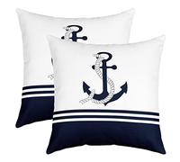 Ancora Décor - Federa per cuscino, 40 x 40 cm, morbida, per bambini, motivo nautico, temi decorativi, set di 2 federe per cuscino per mare costiero, per avventura mare, blu e bianco