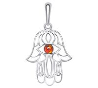 Andante Premium Collection - Ciondolo in vera ambra orientale in argento sterling 925 * * mano di Fatima * Certificato - Oro del mare - Colore cognac