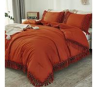 Andency Set copripiumino per letto king size, 3 pezzi, stile bohémien, con nappe in terracotta, leggero, estivo, morbido, per tutte le stagioni, color ruggine (piumino 260 x 228 cm e 2 federe)
