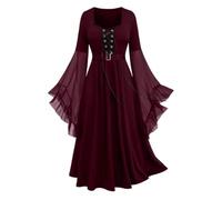 ANDHOM Abito gotico medievale da donna, a maniche lunghe, in pizzo, rinascimentale, costume da strega per Halloween, vestito per feste di Halloween, rosso vino, S