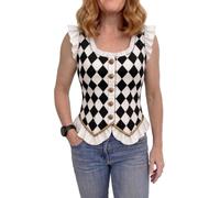 ANDHOM Gilet da giullare arlecchino nero bianco a righe con diamanti increspati e bottoni frontali per costume rinascimentale da circo per Halloween, cosplay, feste in maschera