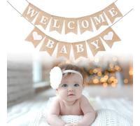 Andibro Bandiere di benvenuto in iuta per bambini, pre-infilate in iuta con scritta in inglese "Welcome Baby Segno di annuncio" per l'arrivo del bambino, segno di benvenuto per sfondo
