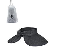 Andiker Cappello di paglia con visiera parasole con tesa larga per donne cappello pieghevole coda di cavallo cappelli da spiaggia con una borsa per l'estate nero bianco beige, Nero , 44