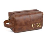 Andisijq Borsa da bagno in pelle da uomo, personalizzata, da viaggio, con iniziali, regalo per uomini, anniversari, testimoni dello sposo, Rosso e marrone., Incisione