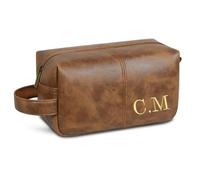 Andisijq Borsa da bagno in pelle da uomo, personalizzata, da viaggio, con iniziali, regalo per uomini, anniversari, testimoni dello sposo, Giallo e marrone., Incisione