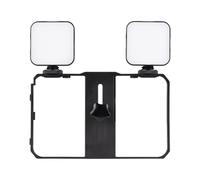 Andoer Set di 2 mini luci video LED dimmerabili da 5W 6500K + gabbia stabilizzatrice per smartphone con supporto per telefono e 3 attacchi a slitta.