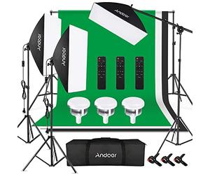 Andoer Set per studio fotografico, 2x3 m sistema di supporto per sfondo con softbox luce fissa treppiede braccio della forca telecomando morsetto borsa per il trasporto ritratti fotografia video
