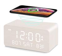 Andoolex Sveglia digitale in legno con ricarica wireless, luminosità regolabile 0-100% e volume della sveglia, modalità giorno feriale/fine settimana, doppia sveglia, snooze, 12/24h, orologio a LED in
