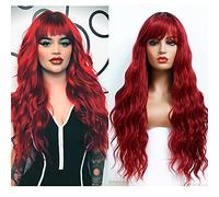 ANDRIA Parrucca rossa con frangia, colore rosso borgogna, parrucca bagnata e ondulata lunga sciolta ondulata ondulata in fibra sintetica resistente al calore capelli grigi parrucche per donne 66 cm